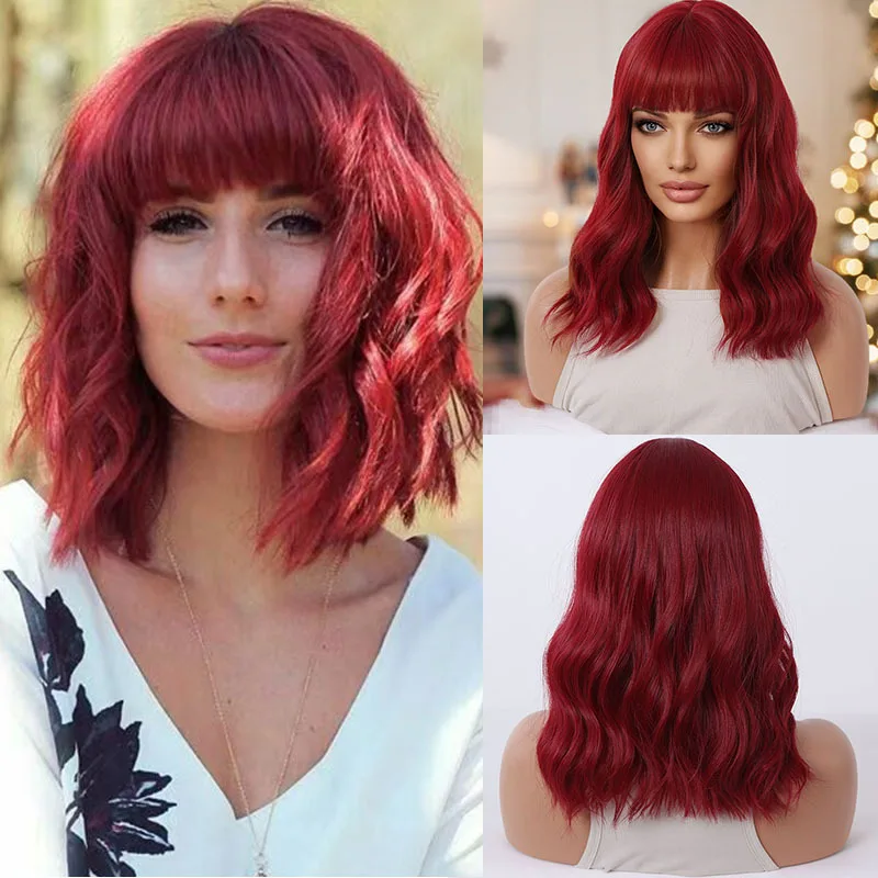 

Synthetic wig with a blunt bang, wine red woolly curly short hair, full head hairpiece for women