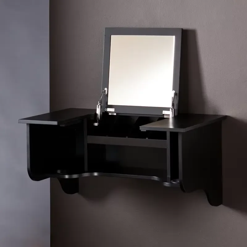 Trendy Hanging Fitted Fix Wall Mounted Design Black Dresser Flipped Bedroom Vanity Makeup Dressing Table With Mirror and