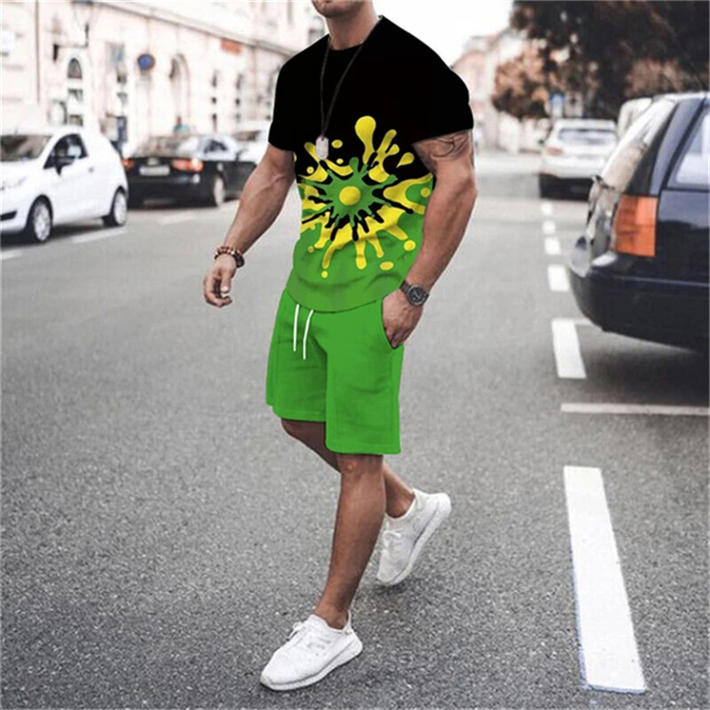 Fashionable Boutique Color Blocking Tie Dye Men T-shirt and Shorts 2-piece Set Summer Outdoor Casual Breathable Short Sleeve Set