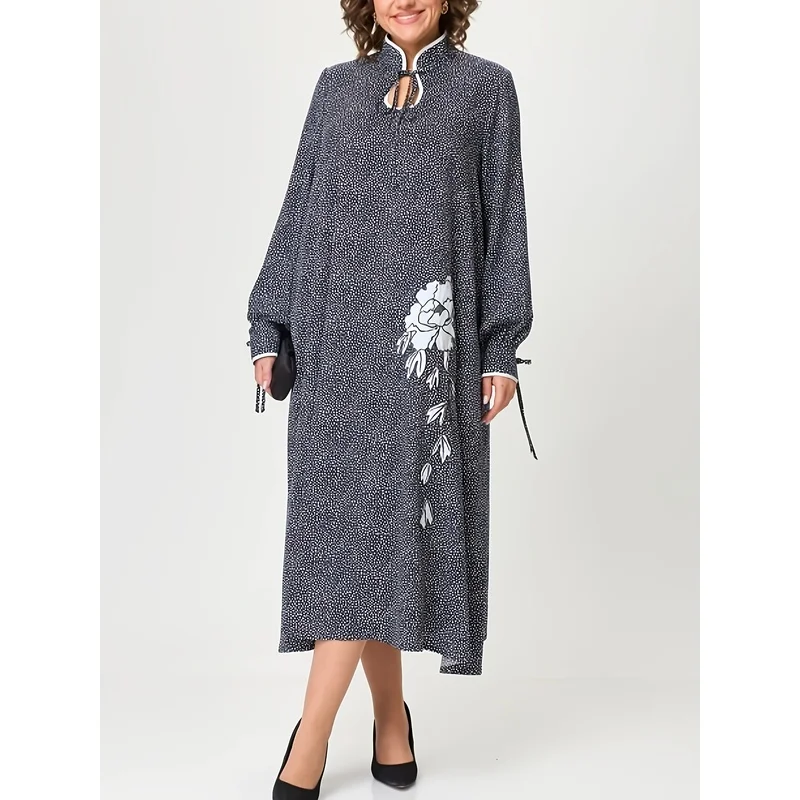 

Женское платье больших размеров с воротником-стойкой и цветочным принтом, элегантное платье миди свободного кроя с акварельным цветочным принтом и длинными рукавами