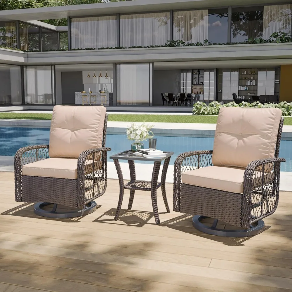 3 Pieces Outdoor Swivel Rocker Chair Set of 2 with Small Side Table Wicker Rattan Patio Furniture Set Outdoor Rocking Chair