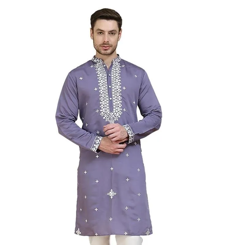 Luxury Casual Islamic Arabic Abaya Robe National style Ethnic Print Stand Collar Youth Mid-length Shirt Coat Muslim Men Kurta