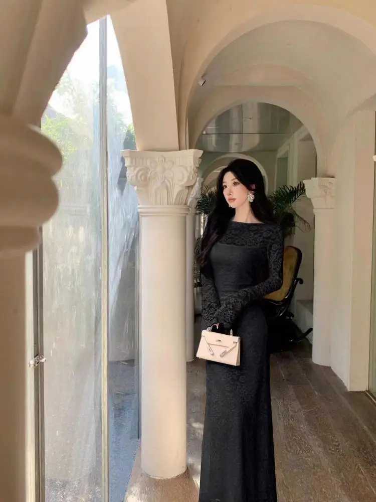 

Осенние женские черно-белые кружевные элегантные платья с круглым вырезом и длинными рукавами, платье на бедрах и платье-комбинация, вечерние комплекты из двух предметов