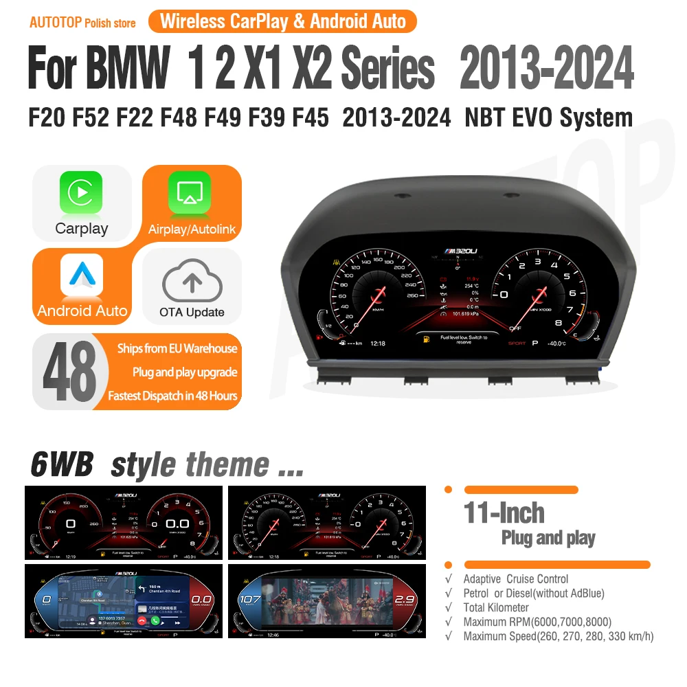 AUTOTOP Tableau de bord numérique LCD 11" pour BMW Série 1 2 F20 F52 F22 X1 F48 F49 X2 F39, CarPlay sans fil, Android Auto, Cockpit virtuel, Panneau d'instruments multimédia, Écran Linux, Navigation, Affichage du kilométrage, Jauge, IPS, Unité centrale, Cockpit