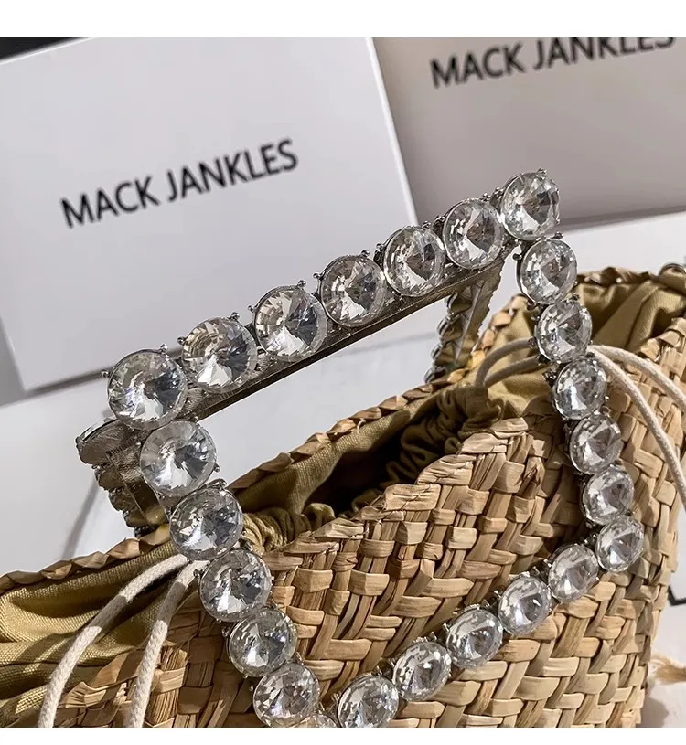 Straw Woven Handmade Bucket Bag Crystal Diamond Metal Handheld Women Handbag Lady Purse Shoulder Crossbody Bag Holiday Beach Bag
