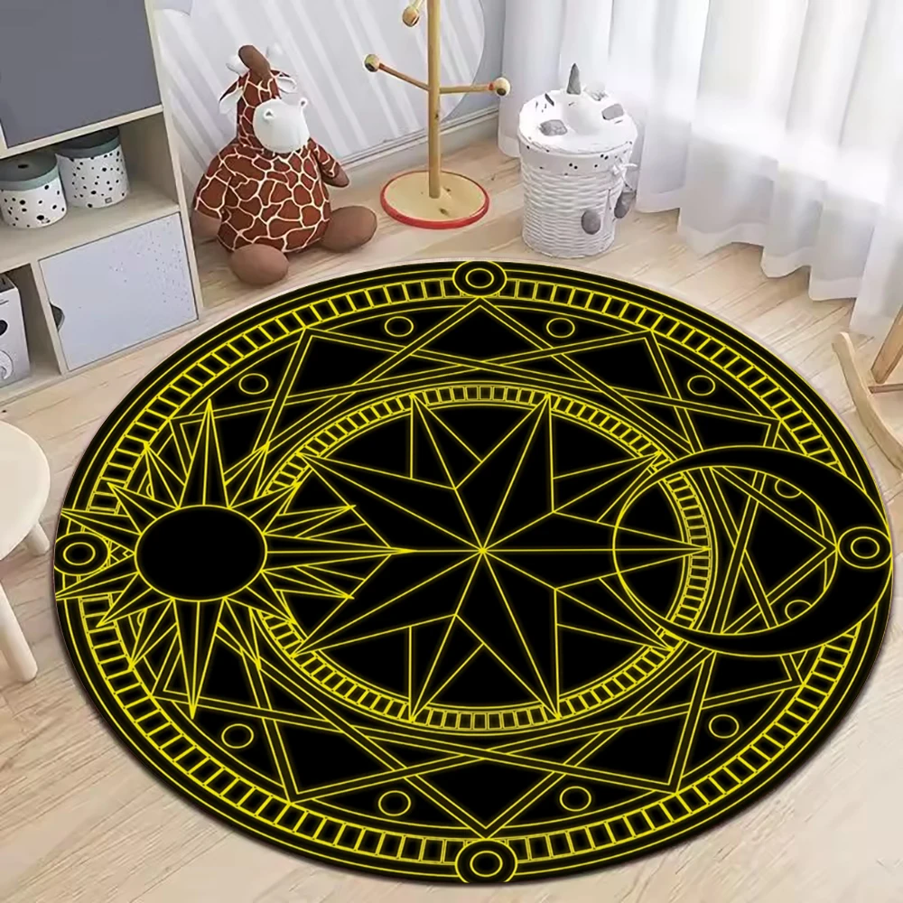 Dark Base Yellow Line Magic Pentagram round rug works as gaming chair floor mat for game room bedroom home decor - zdjęcie 1