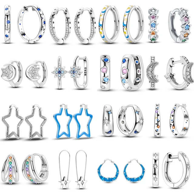 925 Sterling Silver Fine Stars Moon Starry Sky Series Biżuteria Cyrkon Okrągłe kolczyki kółka Kolczyki damskie Biżuteria Prezent Akcesoria