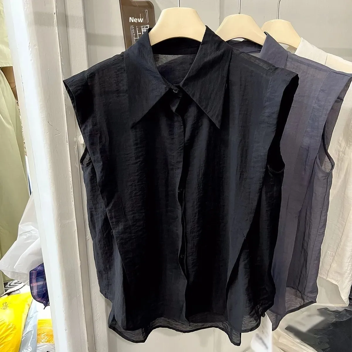 

Women's Collar Sleeveless Shirt Loose Fit Lightweight Breathable Summer New Style Pure Color Slimming Top