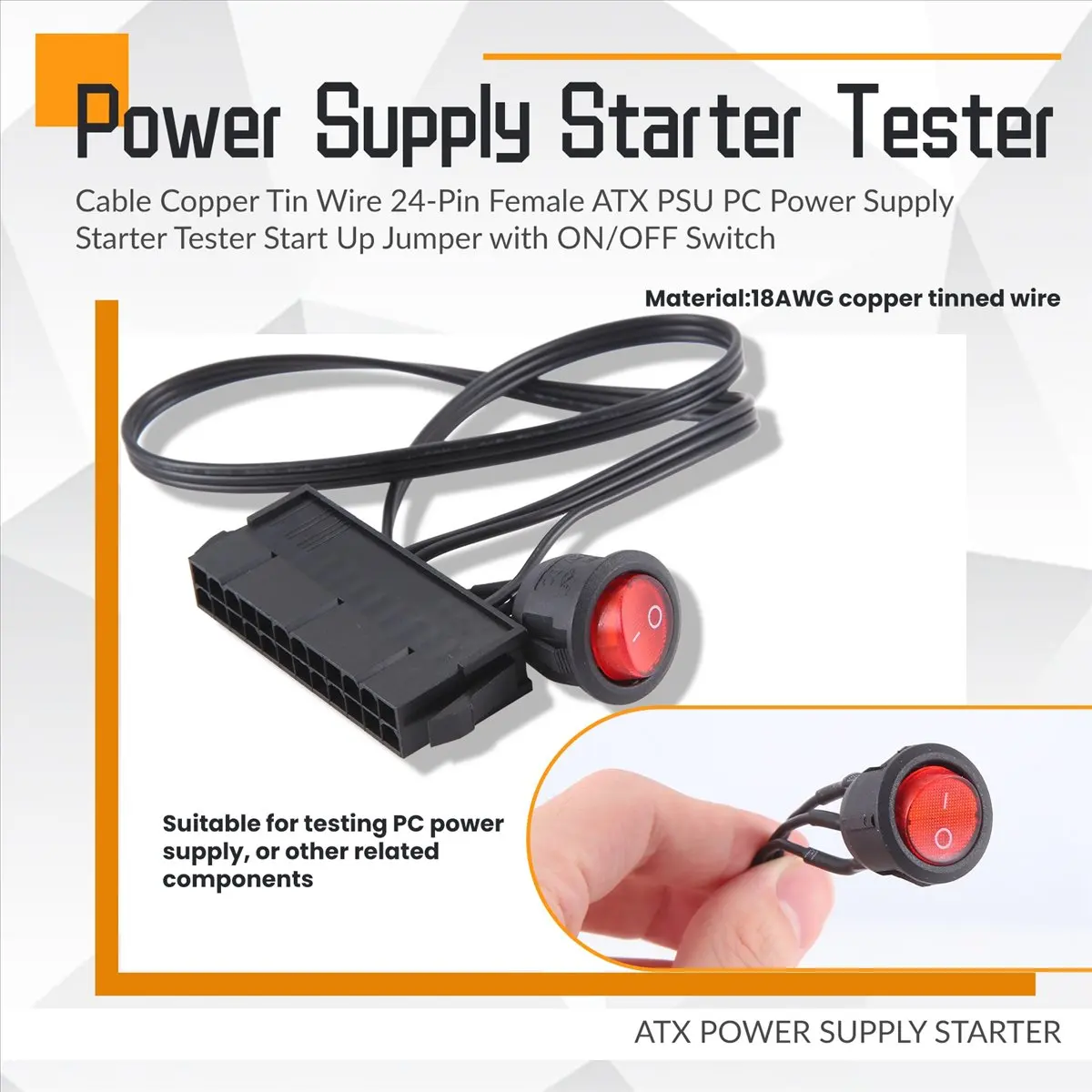 #19U ATX Power Cable,50cm Cable Copper Tin Wire 24-Pin Female ATX PSU with ON/OFF Switch (Black & Red)