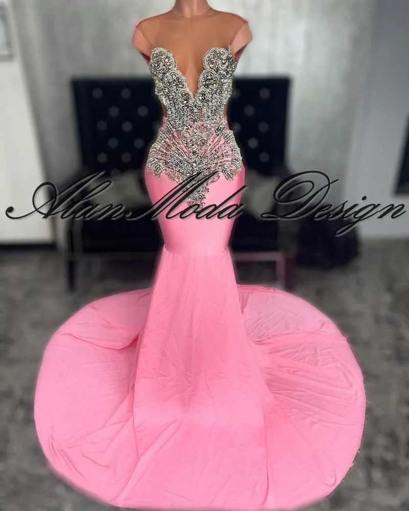 Elegante rosa Ballkleider schwarze Mädchen Luxus schiere Hals Meerjungfrau Party kleider abendkleider vestidos de fiesta elegantes