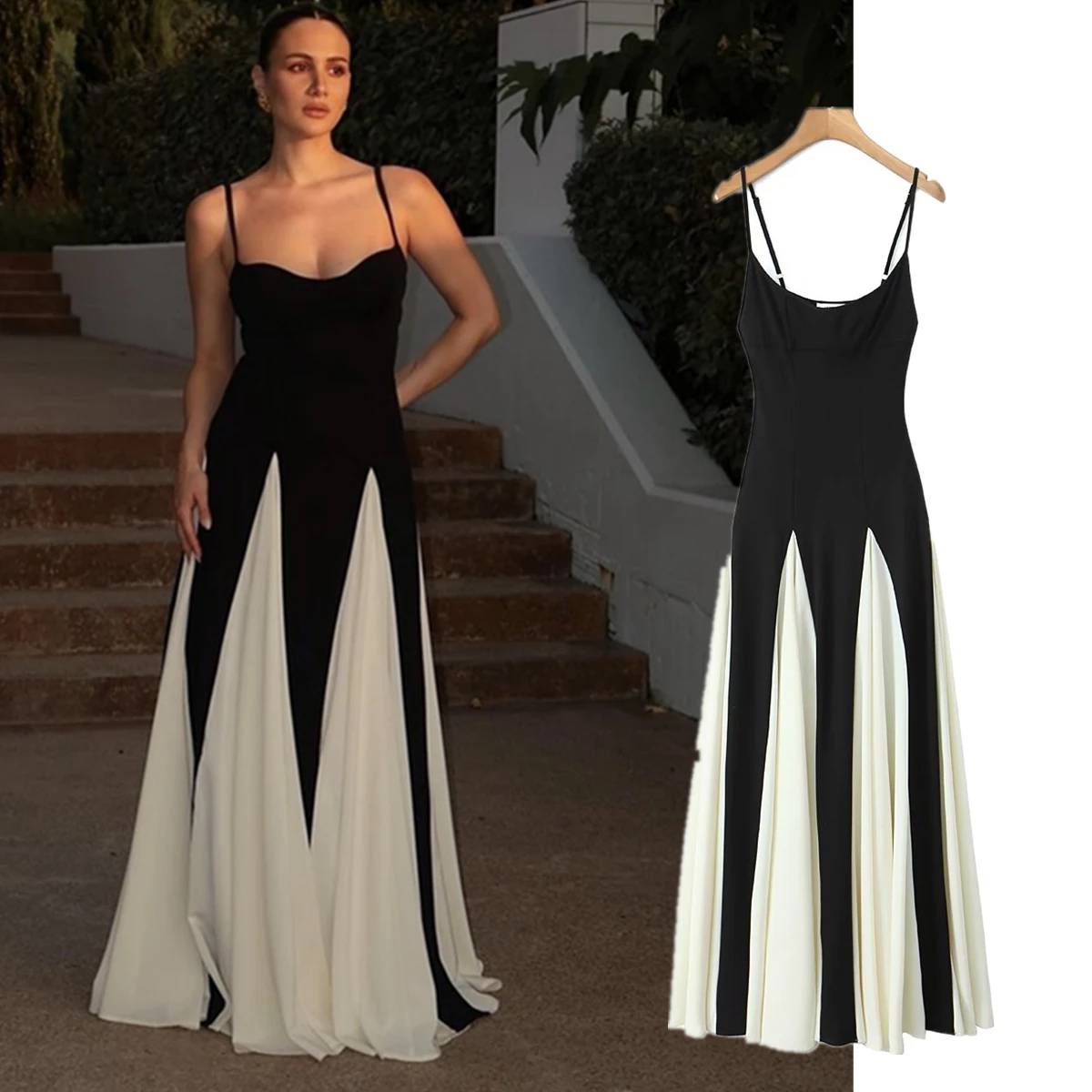 

Withered Summer Suspender Dress Women Fashion Ladies Black White Color Matching Dress Evening Dresses Party Dresses Vestidos
