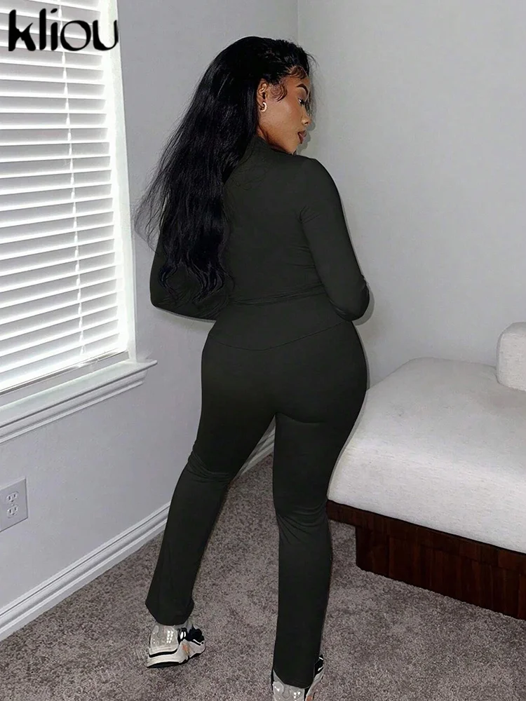 kliou Casual Track Women 2 Piece Set Classic Solid Matching Zip-up Crop Tops+High Waist Slim Pants Female Active Autumn Outfits