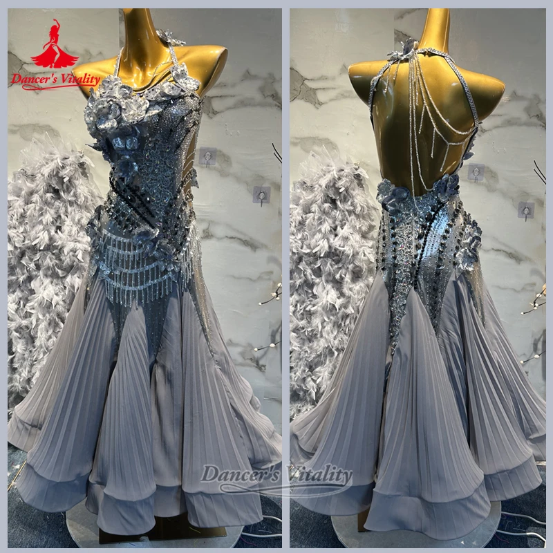 

Silver Gray Luxury AB Stones Sleeveless Backless Dresses Customized Women Adult Waltz Foxtrot Quickstep Clothe Dancer's Vitality