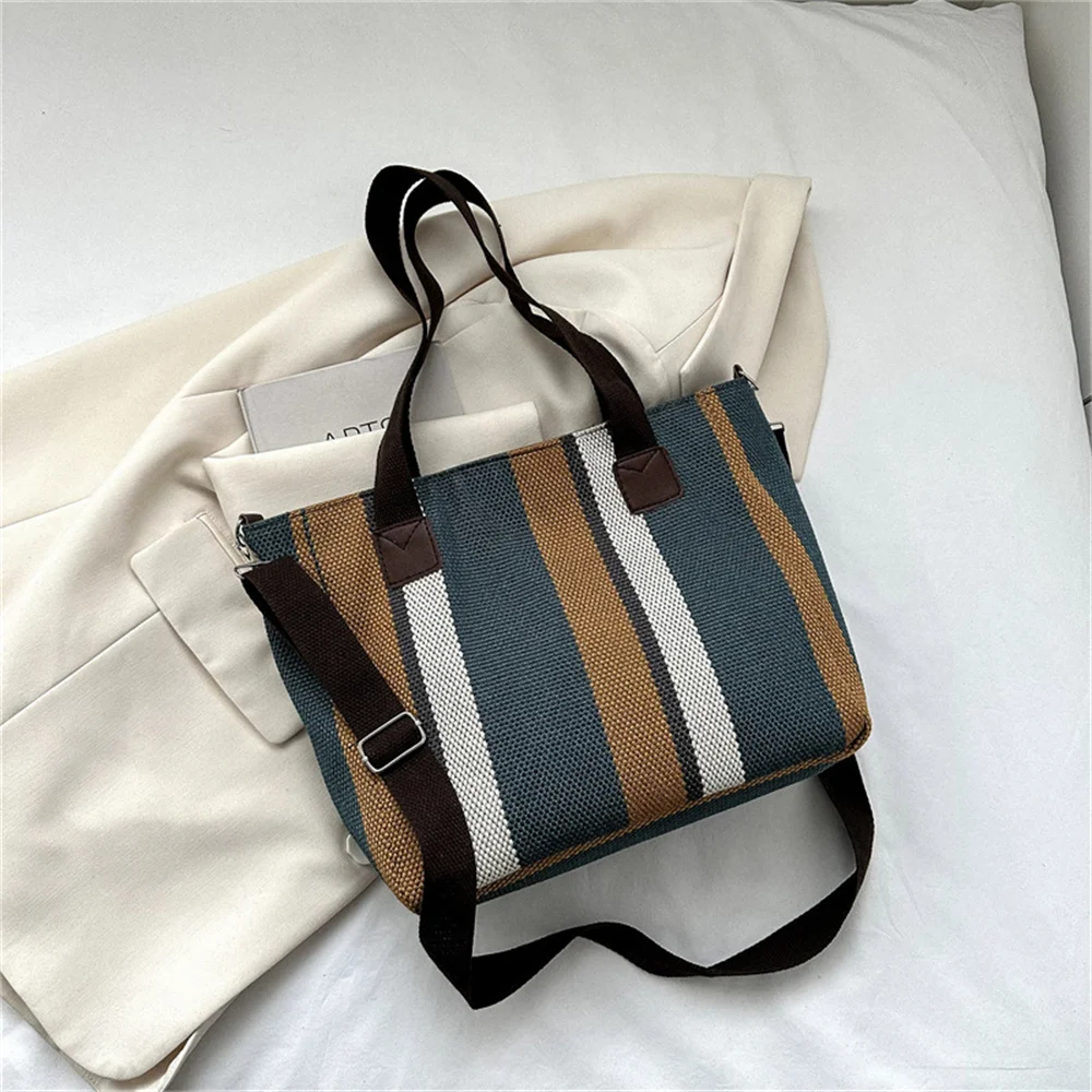 Women\'s Canvas Stripe Tote Bag Eco Reusable Shoulder Bags Large Capacity Handbags Casual Simple Shopping Handbag