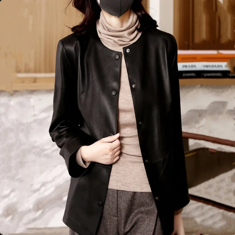 

Leather Jacket Woman Casual Plus Size 3XL White Black Tops Slimming Round Neck Single Breasted Jacket Coat Office Lady Jacket