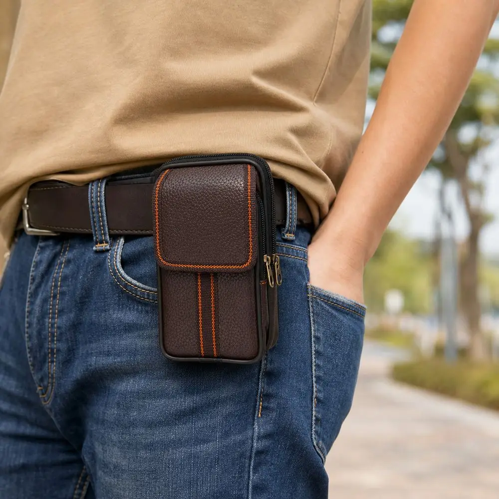 Durable PU Leather Man Belt Pouch 6.5inch Zipper Phone Case Modern Universal Phone Belt Clip Bag Outdoor Camping
