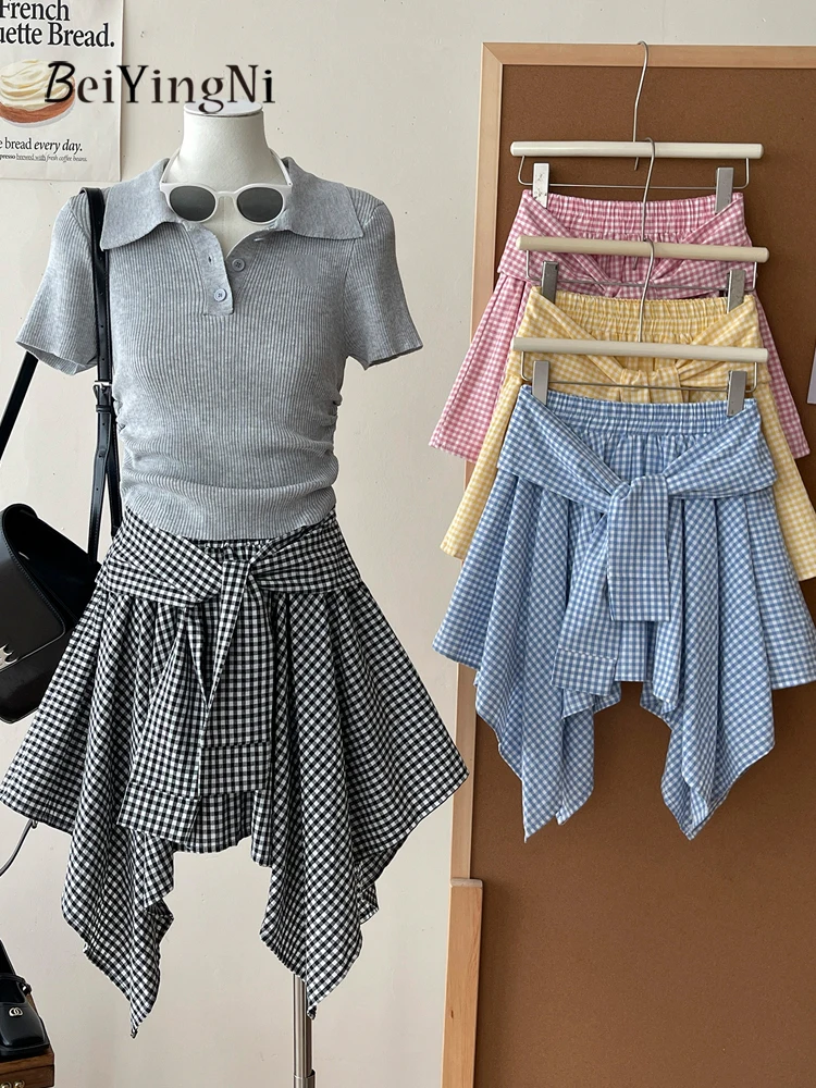 Beiyingni Japanese Preppy Style Women Skirt Plaid Casual Irregular Lace-up Mini Skirts for Woman Vintage Fashion Summer Faldas