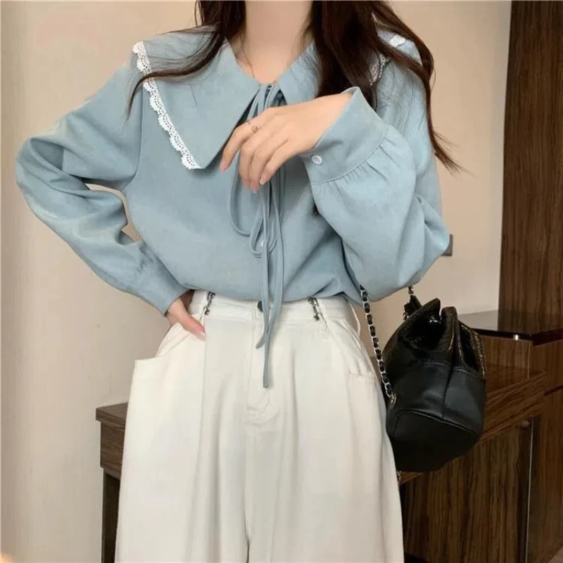 Spring New Long Sleeve Loose Casual Blouse Lacing All-match Solid Color Youth Korean Shirt Tops Fashion Sweet Women Clothing