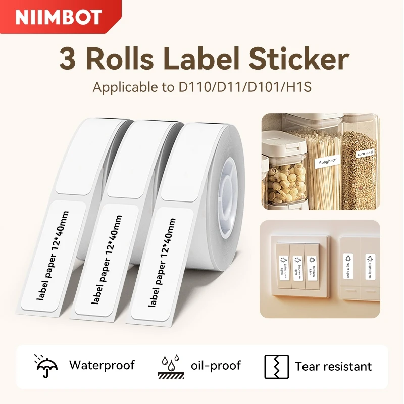 【3 Rolls】Niimbot D11/D110/D101 White Label Sticker Waterproof Label Paper