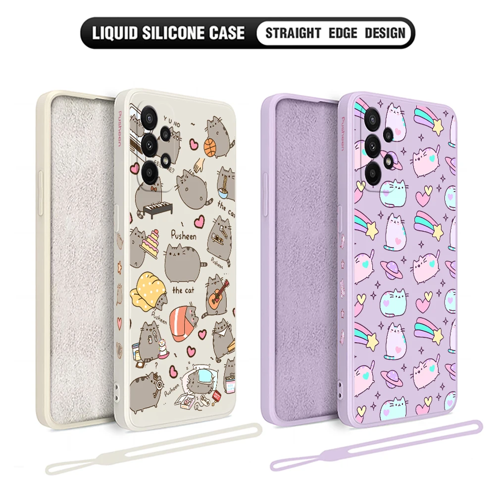 Cute Pusheens Cats Case For Samsung A54 A34 A73 A53 A33 A23 A14 A13 A03 A04 A72 A52 A32 A22 A12 A71 A51 4G 5G With Hand Strap