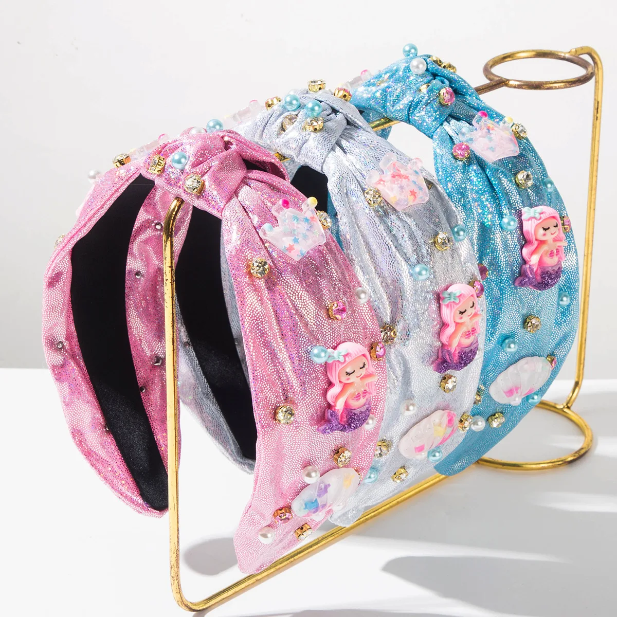 

Mermaid Theme Glitter Knotted Headband Sea Shell Pearl Decoration Hairband Cute Ocean Style Hair Accessory For Girls