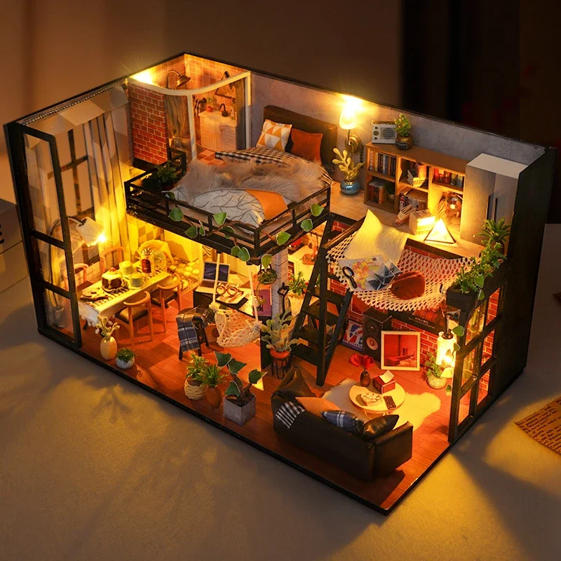 

Современный кукольный домик в стиле лофт-вилла DIY Casa, деревянный миниатюрный строительный комплект, кукольные домики с мебелью, игрушки ручной работы для девочек, рождественские подарки