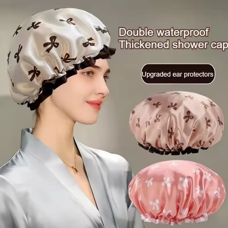 1 Pcs double shower cap, printed hat, waterproof shower cap reusable shower cap ladies spa salon hair cap