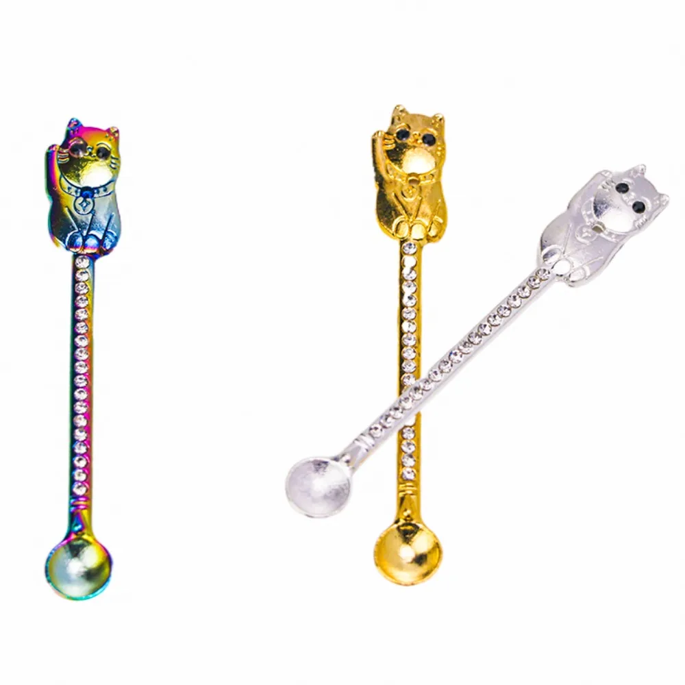 

82mm Fortune Cat Shaped Metal Diamond Mini Scoop Small Shovel for Sesame Oil Powder Spice Measuring Kitchen Tool