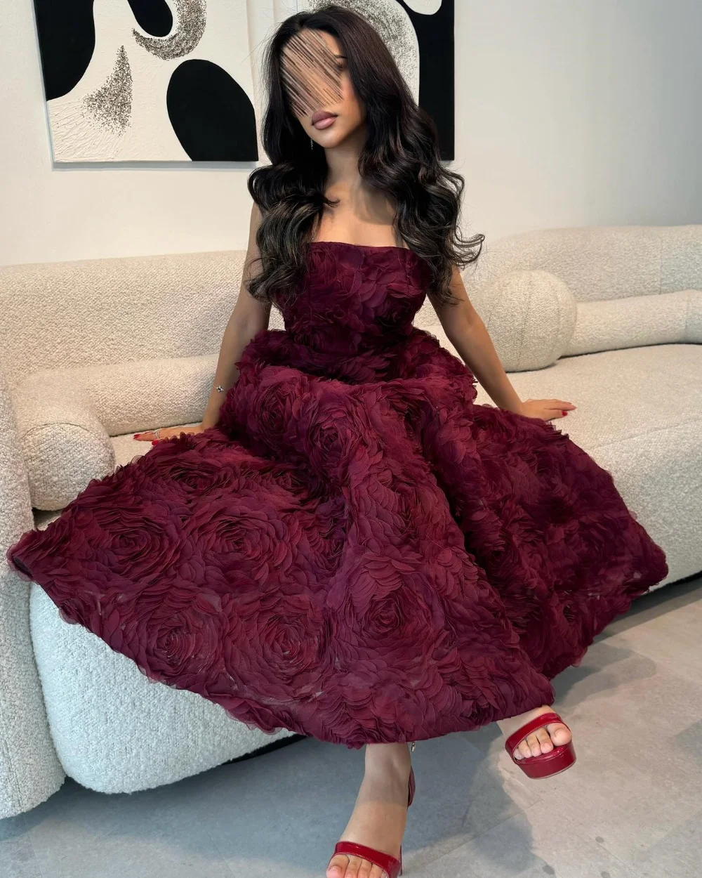 

Customized Intricate Matching Handmade Flower Pleat Ruched A-line Strapless Midi Dresses Bespoke Occasion Dresses Exquisite Sexy