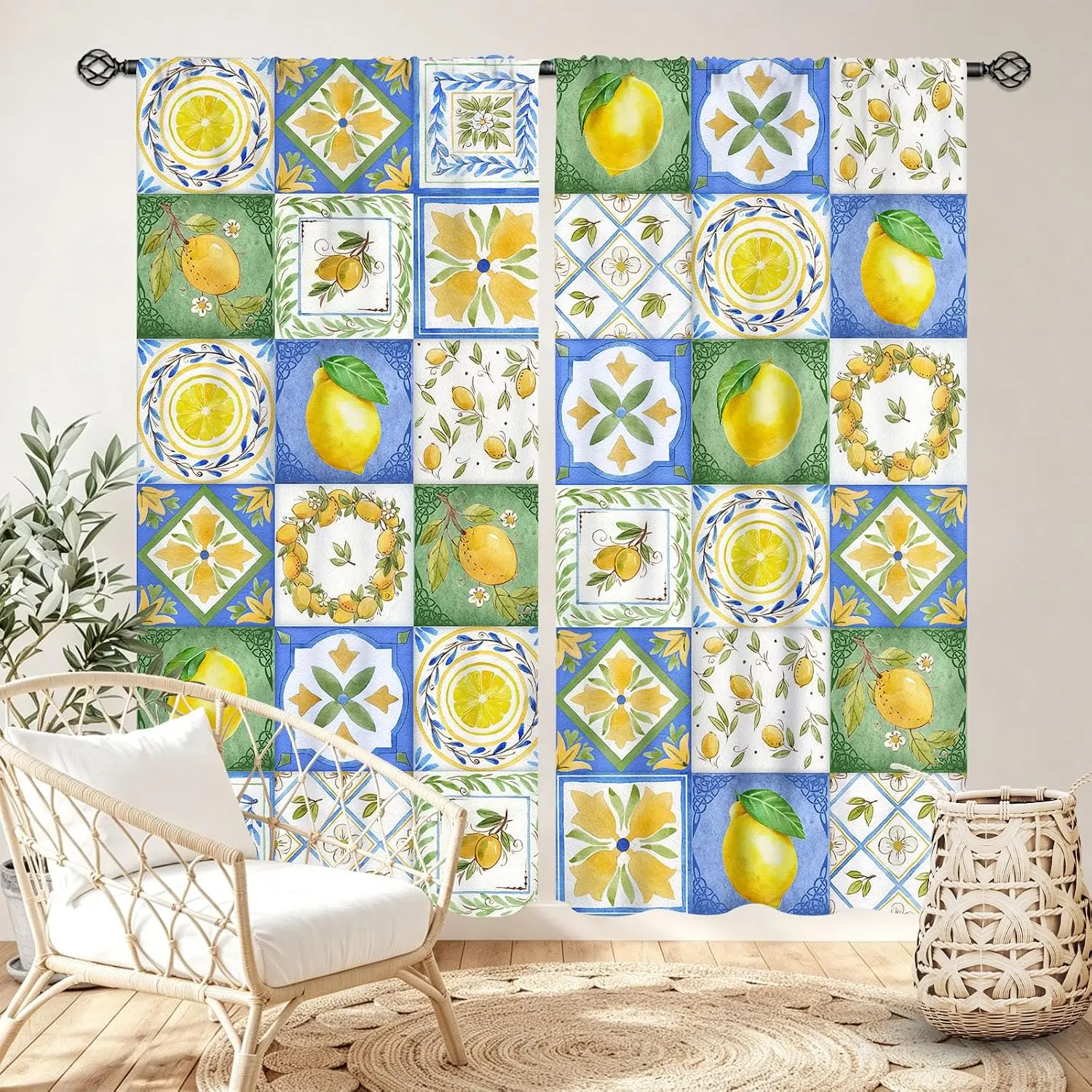 Bright Lemon Citrus Tile Pattern Curtains Blue Yellow Geometric Mediterranean Style Window Drapes for Cottagecore Farmhouse Home