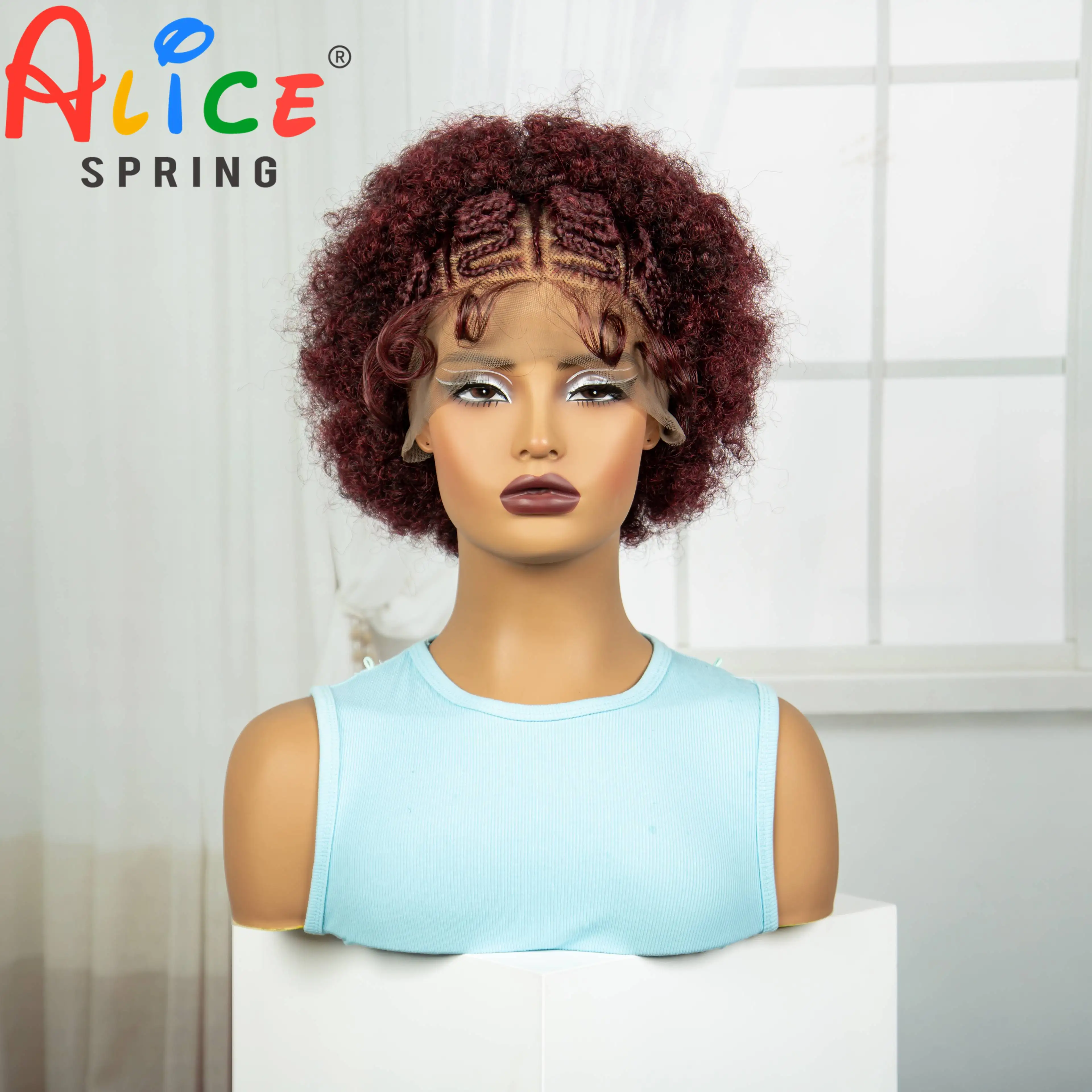 8 Zoll Afro lockige synthetische Spitze vorne geflochtene Perücke 13x6 transparente kurze lockige geflochtene Spitze Perücke mit Babyhaar für schwarze Frauen