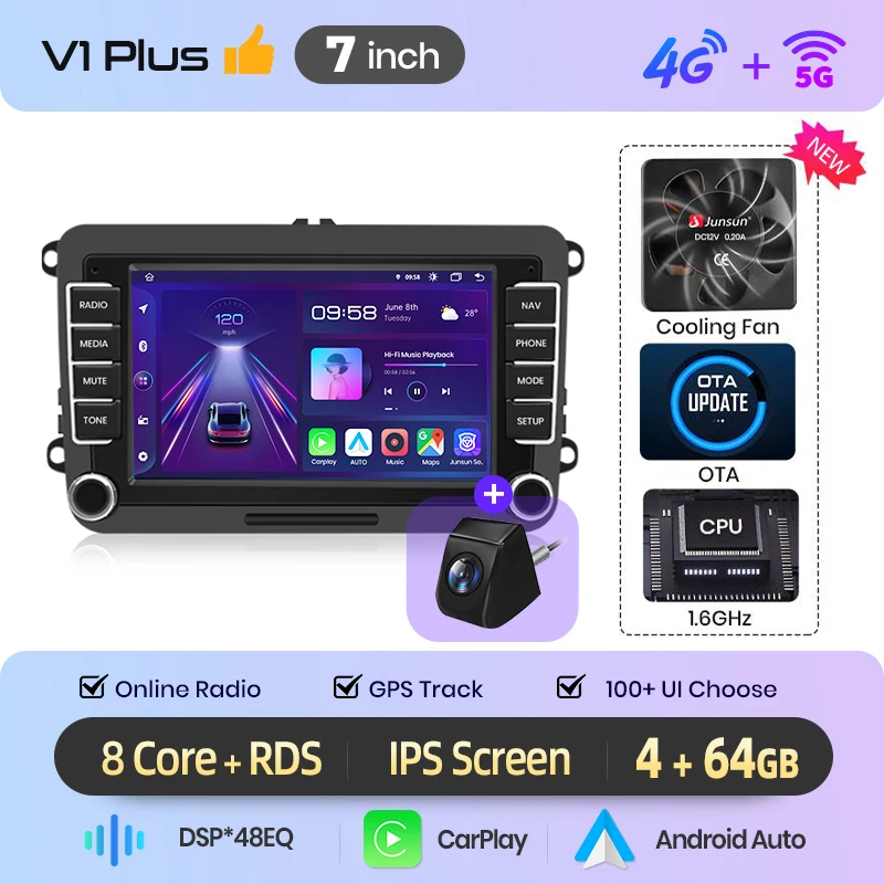 Junsun 7" 9" Android autoradio voor VW Volkswagen Skoda Octavia Golf 5 6 Touran Passat B6 Polo Jetta draadloos voor Apple CarPlay Auto IPS scherm stereo multimediaspeler automotive slimme intelligente