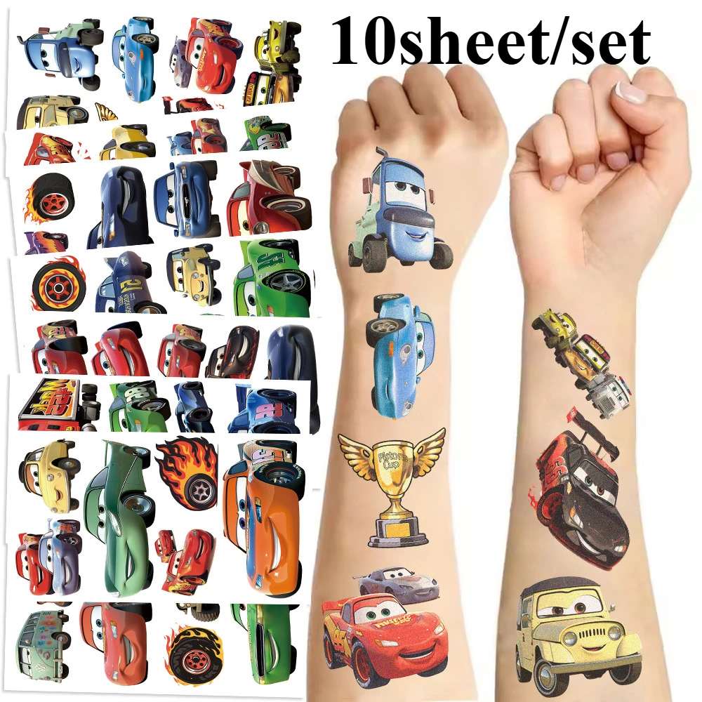 10sheet Disney CarsTattoo Stickers Birthday Party Party Decorations Cartoon Race McQueen Kids Disposable Waterproof Sticker Toys