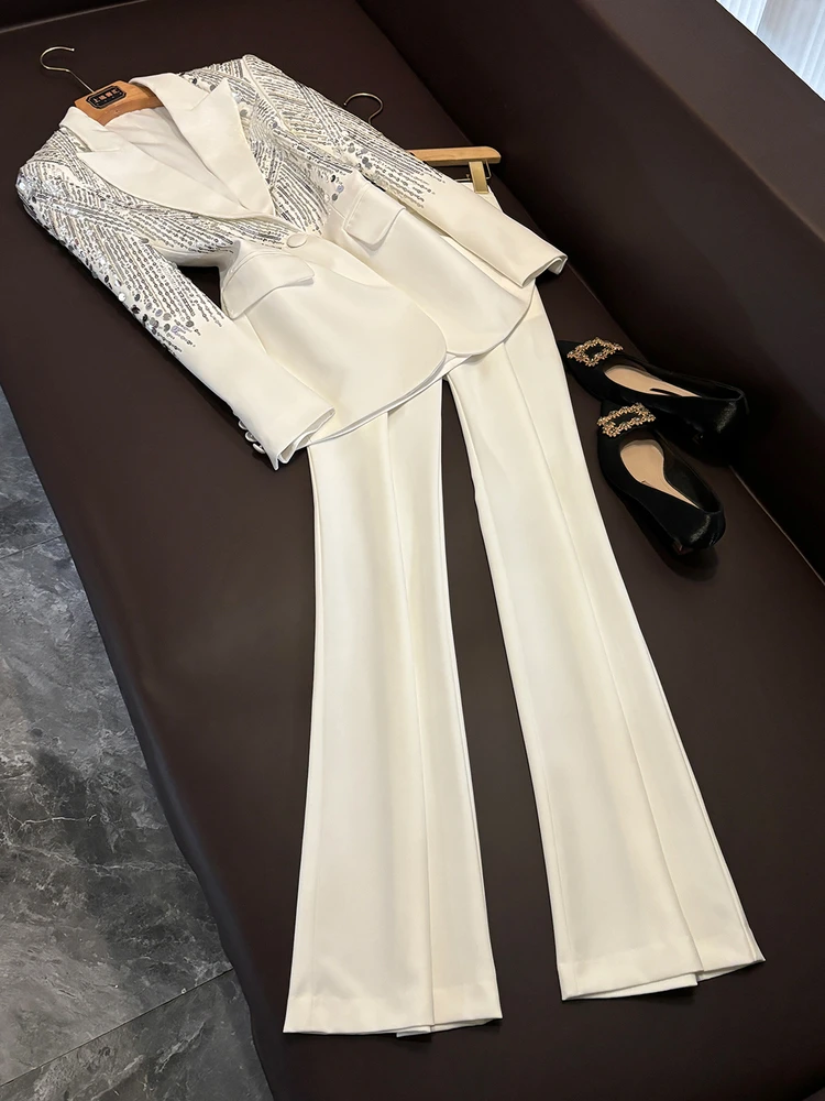 

Faionable White Heavy Bead Embroidery iny Sequin Suit Pants Set Ele Godd Sle Two-Piece Suit A22488 Women's Wear