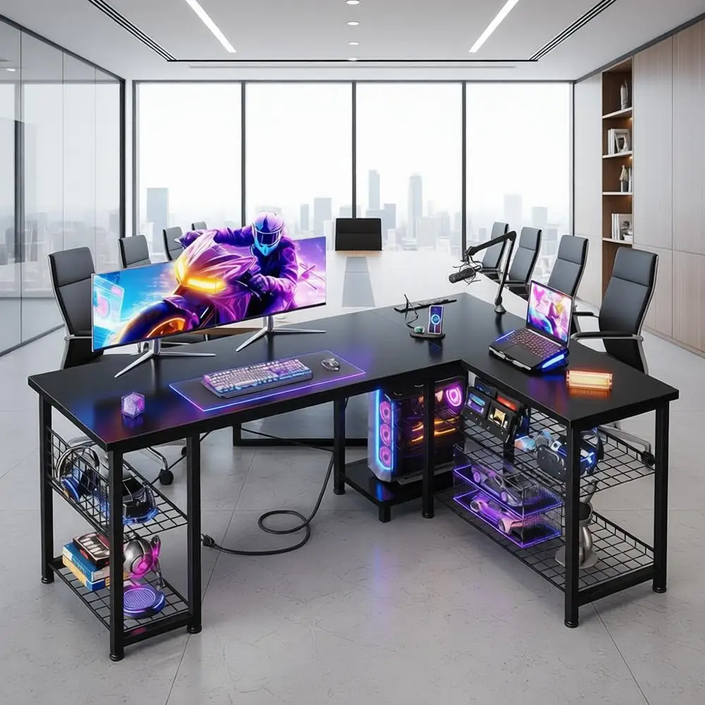 

51-дюймовый L-образный игровой стол с полками и розетками, реверсивный компьютерный стол с полками для хранения для дома или офиса, черный