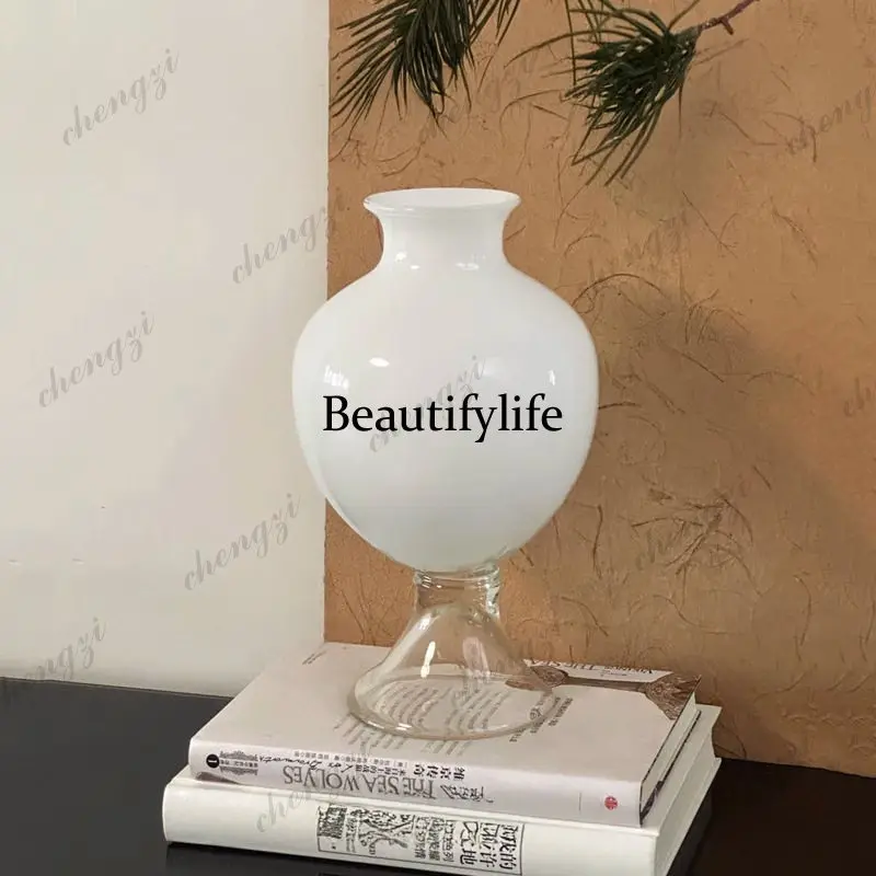 High-end white glazed vase water new Chinese style, high-footed flower ware small mouth big belly bottle glass ornament