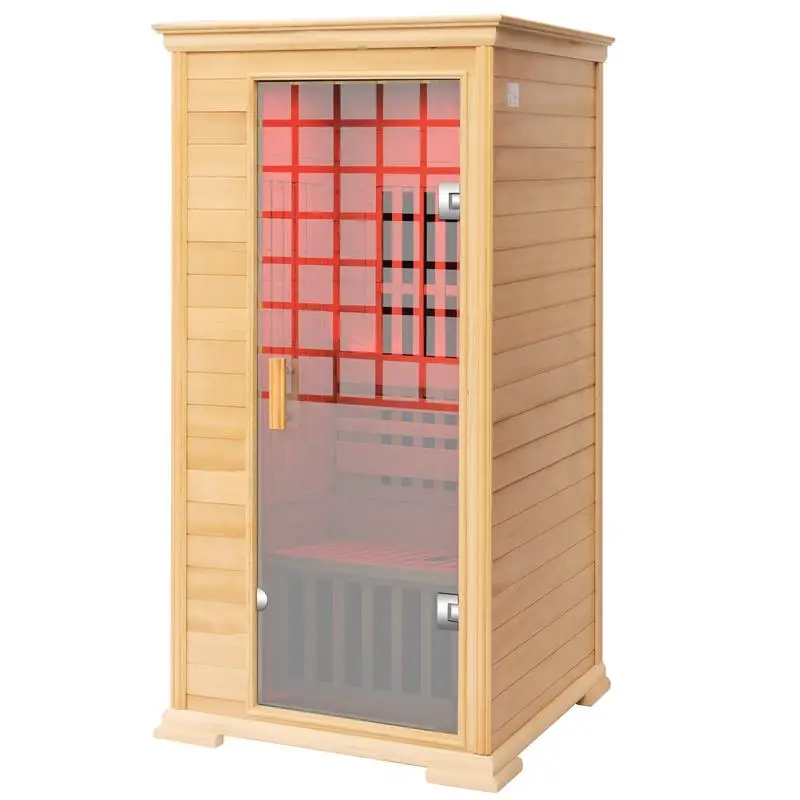 

Indoor Sauna for 1 Person, 1600W Hemlock Wood Construction, Glass Door, Red LED Lighting & Bluetooth, Dimensions: