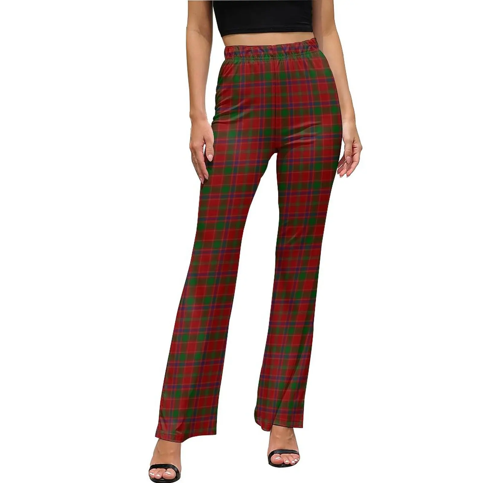 Vintage Plaid Casual Pants Autumn Green And Red Classic Custom Flare Trousers Elastic Waist Slim Stretch Street Style Pants