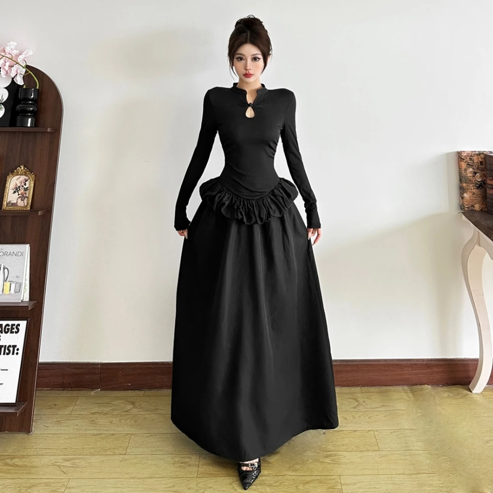 فساتين طويلة أنيقة مكشكشة من SylCue للسيدات للخريف بياقة واقفة وأكمام طويلة وكشكشة تصميم يومي غير رسمي على الموضة