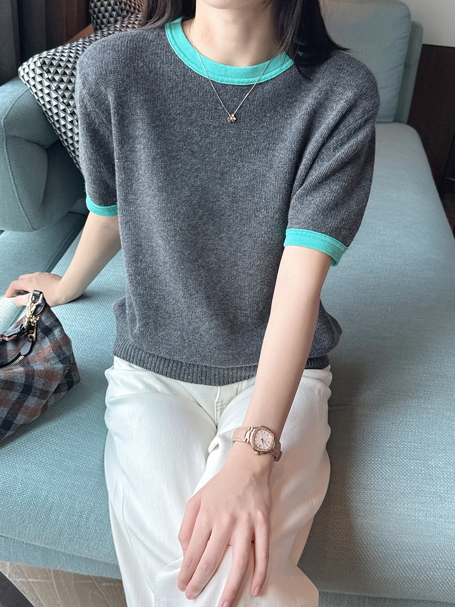 

Мягкая вязаная футболка с коротким рукавом, в полоску, с цветовыми блоками, повседневная, женская, модная, весна 2026, для работы на открытом воздухе