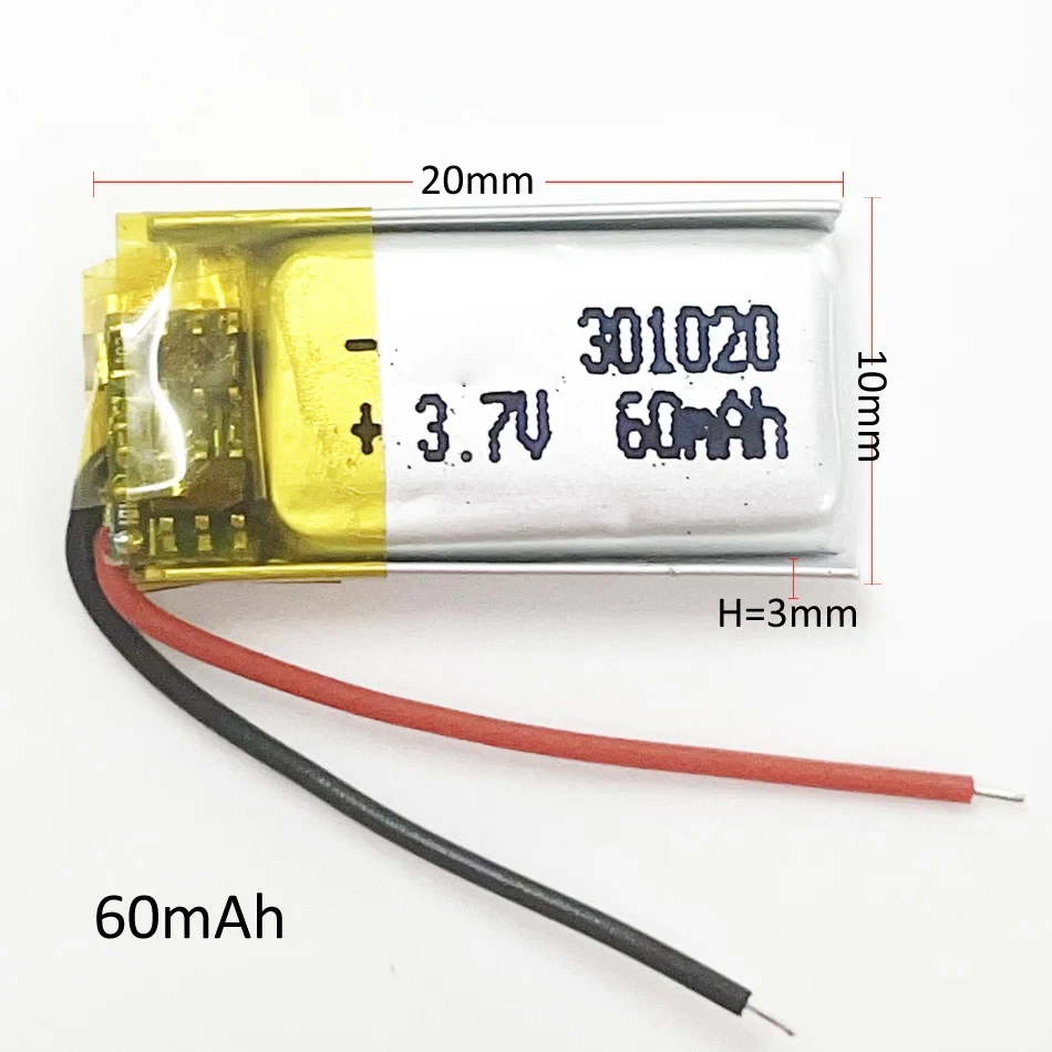 10pcs 3.7v 60mAh Lipo Rechargeable Battery small size 301020 For MP3 Bluetooth Watch Headset Headphon Video Pen Recorder