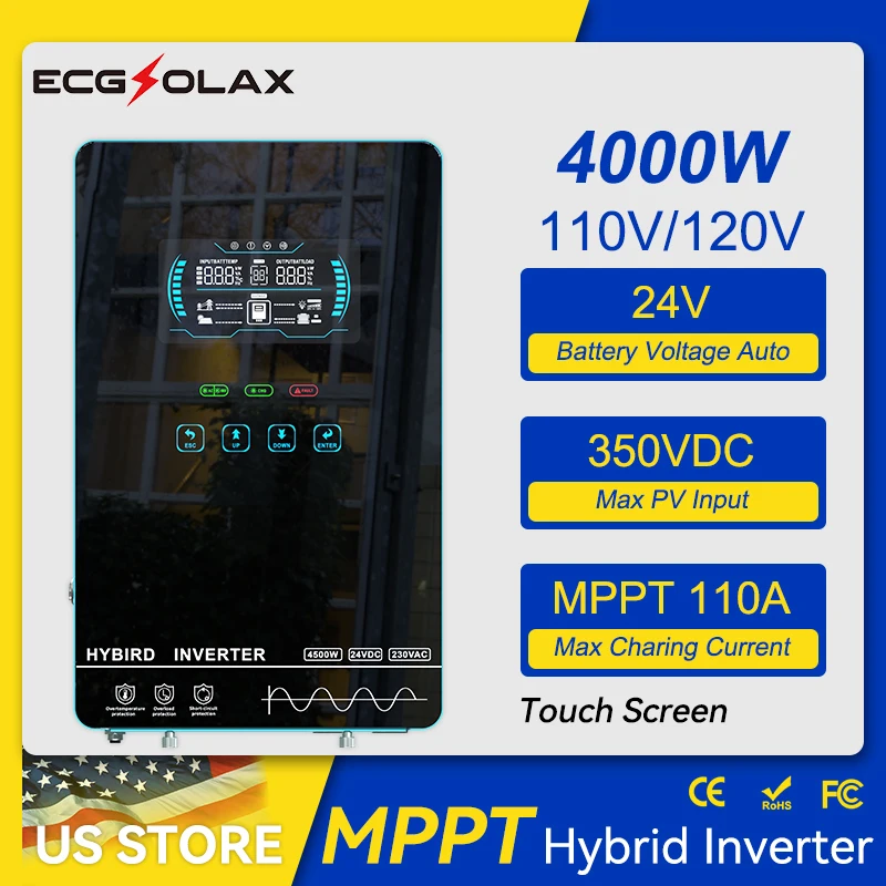 ECGSOLAX 4KW Hybrid Solar Inverter 24V 110V/120V With MPPT 110A Solar Charger Touch screen LCD Hybrid Inverter Max PV 350VDC