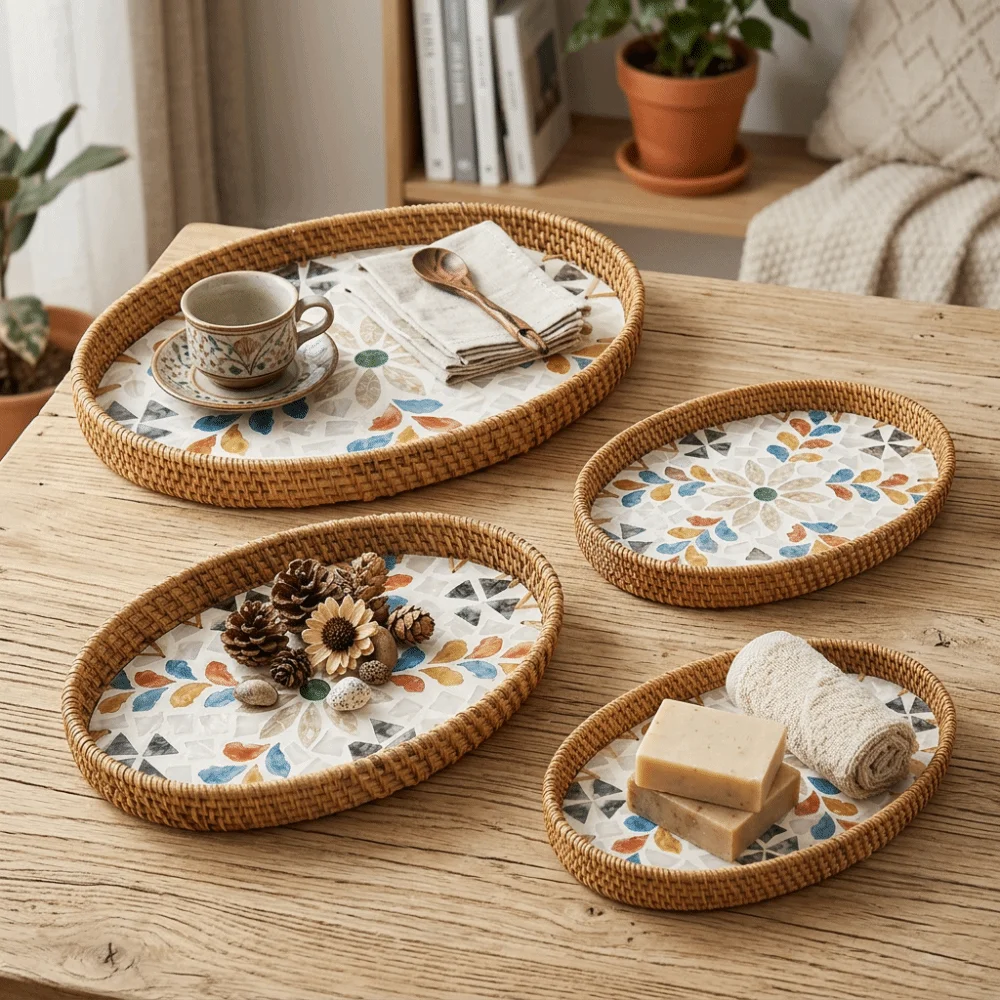 3Pcs Plant Fiber Serving Tray Woven Texture Flat Tray Storage Tray Sturdy Breathable Structure Serving Platter Coffee Table