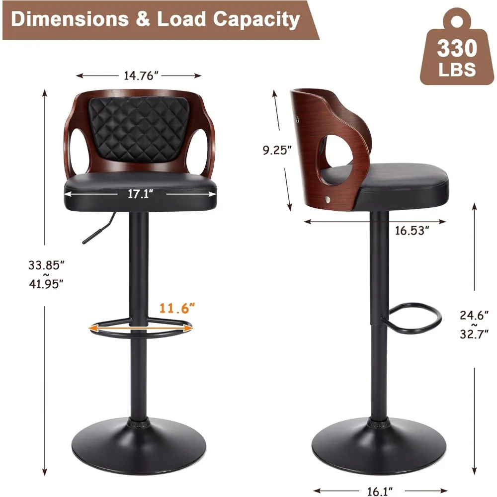 Bar Stools Set of 2,Adjustable Counter Height Stools with Bentwood Back,Armrest&Footrest,Swivel PU Leather Bar Chairs for Kitch