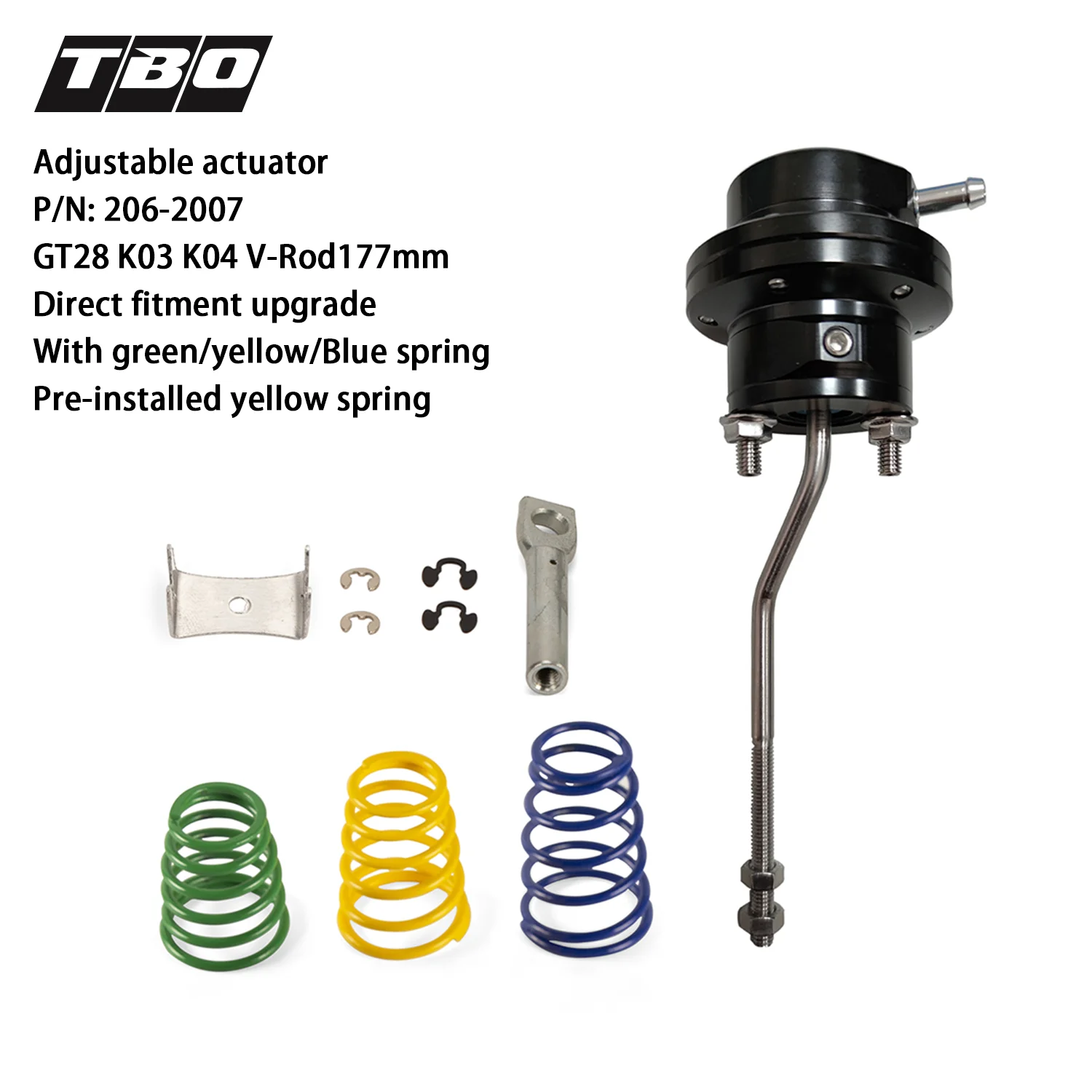 

Turbo Wastegate Adjustable Actuator V-Rod177mm For GT28 K03 K04 Turbo Direct Fitment With Green/Yellow/Blue Spring