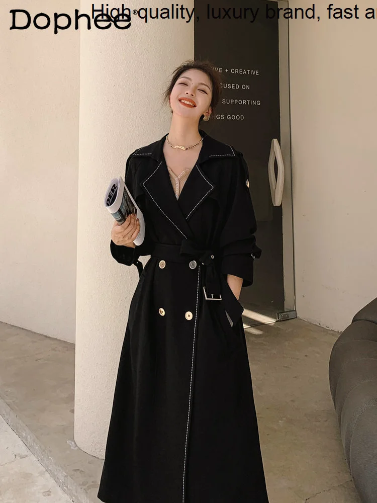 

Autumn 2023 Spring New French Hepburn Long Trench Coat for Women Temperamental Loose Lace-up Waist Black Windbreaker Overcoat