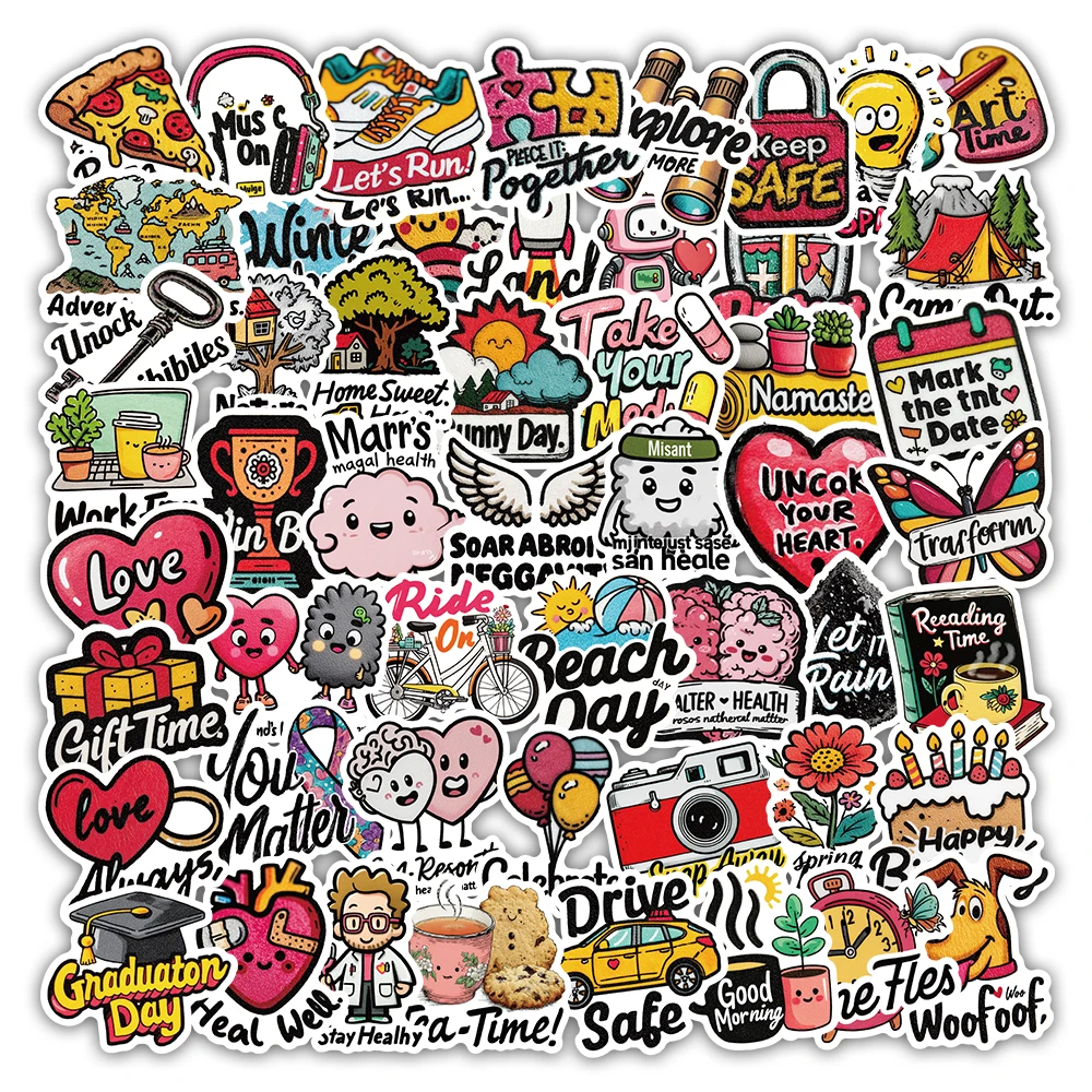 54pcsVibrant Whimsical Lifestyle Stickers - Positive Quotes & Daily Life Decals for Journaling, Laptop & Room Aesthetic Decor