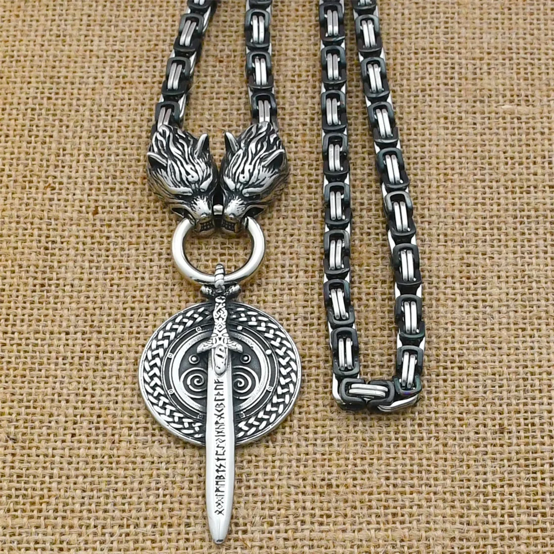Viking Wolf Head King Chain Necklace Nordic Rune Sword Round Shield Amulet Pendant Necklace Viking Jewelry