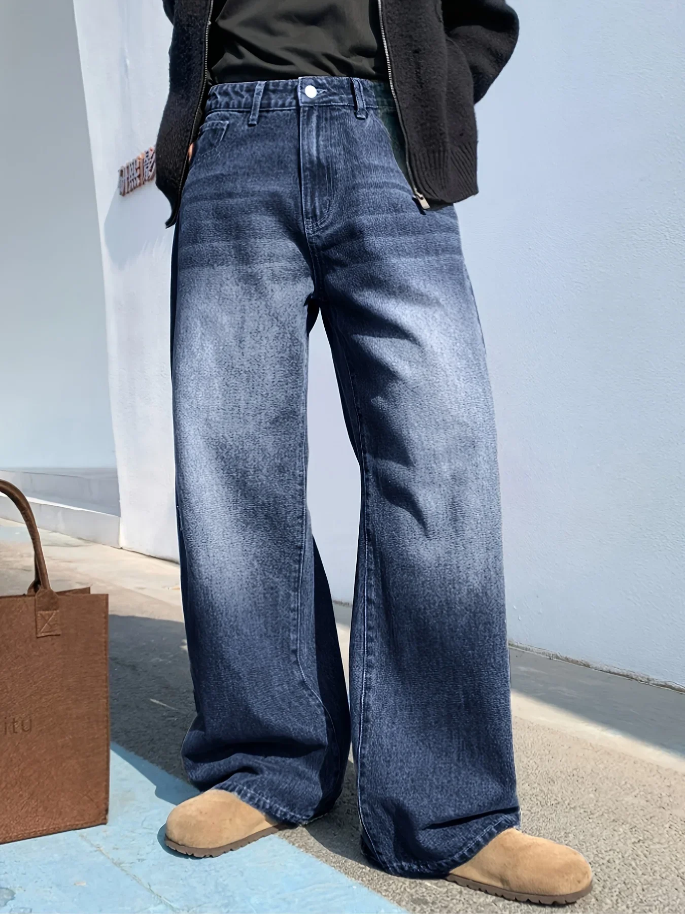 1 Piece American Gradient Wash Baggy Jeans, Dark, Casual Style, All Seasons, Pocket Detailing, Relaxed Fit, Fit for Adults view 3