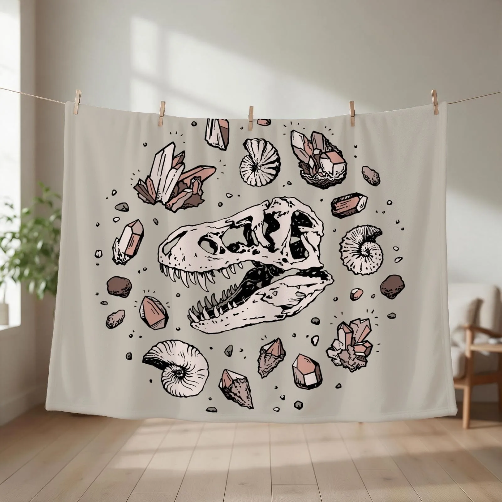 Geo-rex Vortex | Rose Quartz | Dinosaur Skull Fossil Art Throw Blanket couch cozy soft plush fuzzy picnic outdoor blanket